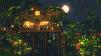 Obraz premium A serene treehouse by a moonlit lake, surrounded by lush vegetation and vibrant flowers.