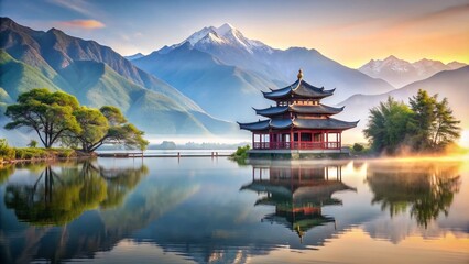 Enchanting Double Exposure of Erhai Lake's Serene Scenery and Yunnan's Cultural Essence in Breathtaking Harmony