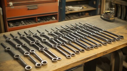 Naklejka premium A mechanic wrench set displayed on a bench, with each tool organized by size and ready for use