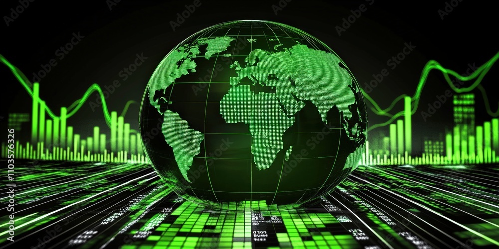 Poster glowing green globe with digital elements and data charts representing global connectivity and techn