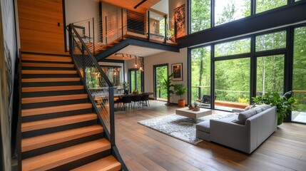 Naklejka premium A modern staircase with wooden steps and a steel frame, featuring open risers that allow light to pass through.