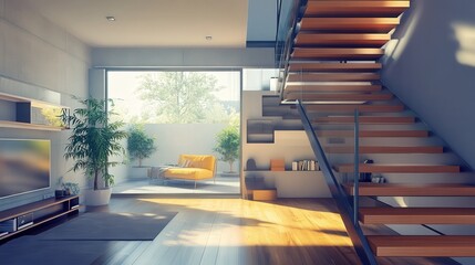 Obraz premium A modern staircase with wooden steps and a steel frame, featuring open risers that allow light to pass through.