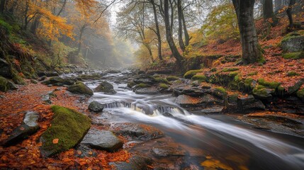 Serene Autumn Stream in a Misty Forest with Colorful Leaves and Smooth Water Flow