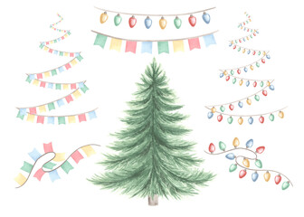 Set of garlands from pennants flags and Christmas tree. Hand drawn watercolor illustration isolated. New Year winter holiday clipart. Green pine with decoration. Template for postcard, print, wrapping