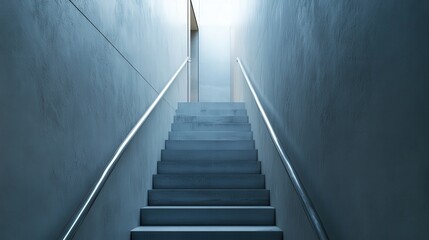 Fototapeta premium A narrow staircase with metal handrails, leading to a rooftop loft apartment.