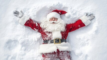 Santa Claus joyfully making a snow angel in a winter wonderland during the holiday season