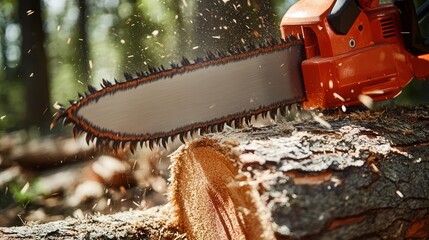 An electric saw cutting through a thick log for a rustic home project.