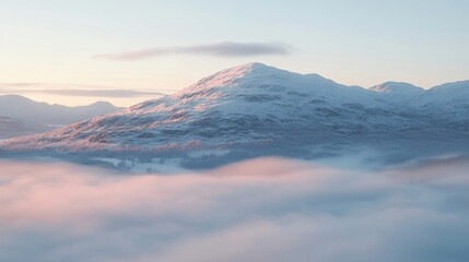 Serene Snow-Capped Mountain Surrounded by Soft Clouds at Dawn