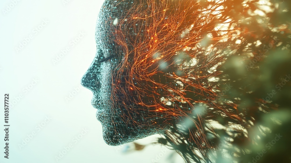 Poster an evolving ai model, with data streams transforming at each stage, symbolizing the progressive natu