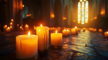 Atmospheric church interior featuring row of illuminated white candles, stained glass windows in background creating warm, spiritual ambiance with cinematic composition.