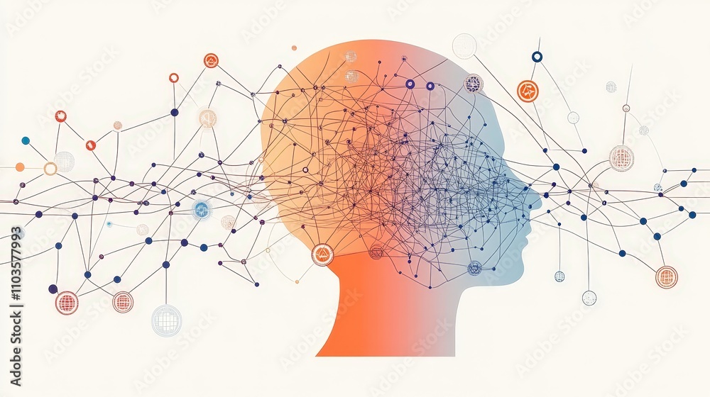 Aufkleber an illustration of an ai's neural network, displaying nodes connecting and evolving to generate insi