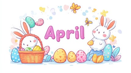 April Banner with Easter Bunny Ears and Spring Flowers