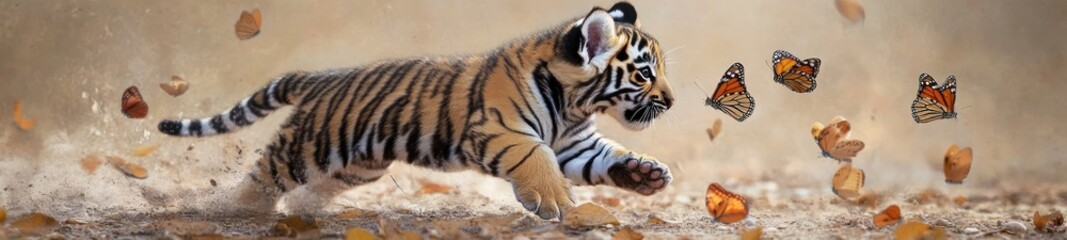 Playful tiger cub chasing butterflies in miniature tuxedo