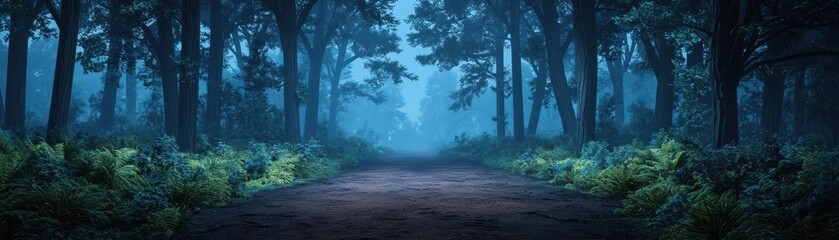 Fototapeta premium A serene, misty forest path surrounded by lush greenery, evoking a sense of tranquility and mystery.