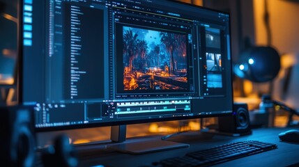 A computer screen displays a professional video editing interface, with a timeline, audio tracks, and visual effects options.