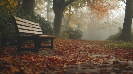 A serene wooden bench surrounded by colorful autumn leaves in a misty forest path.