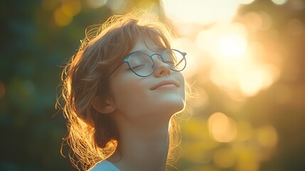 11. Artistic portrait featuring side profile with blue glasses, dreamy upward gaze against blurred green background, natural lighting creating ethereal summer atmosphere.