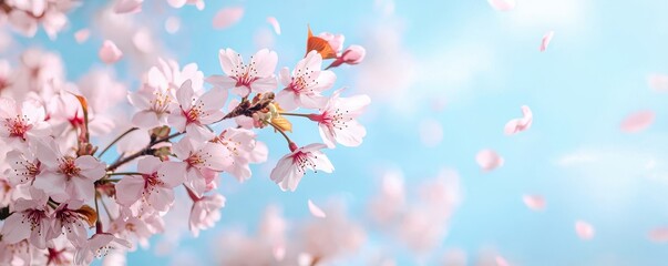 Floral and colorful background concept. Cherry blossoms against a soft blue background with petals in motion.