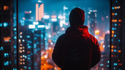 Silhouette of Man Watching City Lights in Nightscape