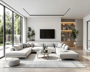 Modern Home Living Room Interior and tv zone with fireplace in a modern living room.