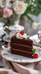Slice of rich chocolate cake with a dollop of whipped cream on a dessert table, 4K hyperrealistic photo.