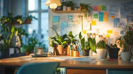 Fototapeta premium Bright workspace with plants and notes, perfect for creativity and inspiration in a home office environment.