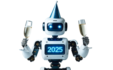 Ai generated robot celebrating New Year's Eve with champagne and the number 2025 written on its screen 