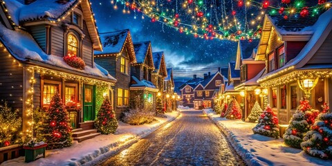 Fototapeta premium Enchanting Streets of Christmas: A Magical Display of Glowing Lights and Colorful Decorations Transforming Homes into a Winter Wonderland of Festive Joy