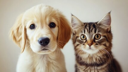 Cute Puppy and Cat Looking at Camera