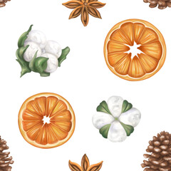 Seamless pattern with oranges, cotton, cones. Christmas, Sustainable xmas. Hand drawn organic winter handmade decorations from recyclable material for parties, holidays. Hand drawing, background