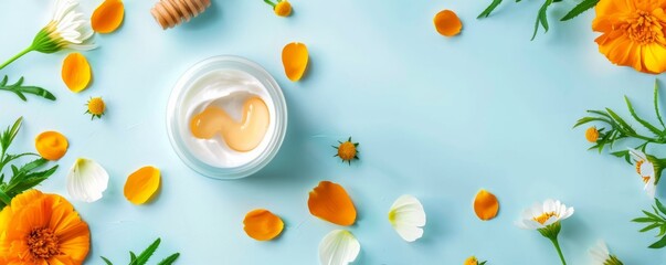 Obraz premium Summer hand cream with apricot pieces, marigold petals, and honey on a light blue background with copy space. 4K illustration