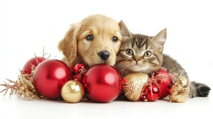 Adorable Puppy and Kitten Together with Ornaments