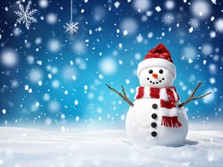 Fototapeta premium Snowman with red hat and scarf stands in snowy landscape during a winter snowfall