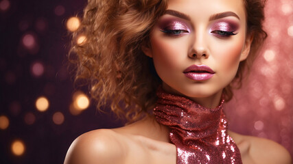 Fototapeta premium Elegant woman with vibrant pink makeup, shimmering eyeshadow, and glossy lips against a sparkling background.