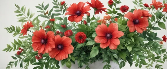 Fotobehang Decorative watercolor floral arrangement with vibrant middlemist red flowers and lush green leaves, vibrant, lush, decorative © Withun