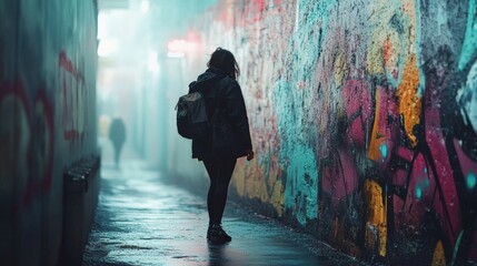 A lone figure walks through a foggy alley with colorful street art. A mysterious atmosphere surrounds this urban scene.