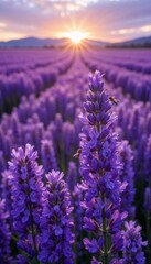 Fototapeta premium Lavender field at sunset with bees, creating a peaceful atmosphere in nature