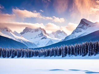 Stunning winter landscape featuring majestic mountains and a frozen lake at sunrise in a serene natural setting