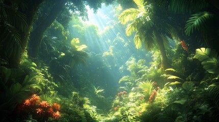 Here's a possible  and keyword list for your image.. Sunbeams illuminate lush, vibrant rainforest clearing.