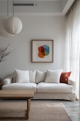 Minimalist, with sofa and table. A living room photo of a japandi interior and a Scandinavian interior combination. Generative AI
