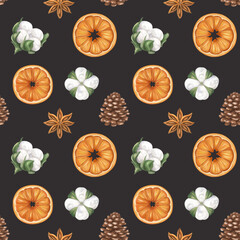 Seamless pattern with oranges, cotton, cones. Christmas, Sustainable xmas. Hand drawn organic winter handmade decorations from recyclable material for parties, holidays. Hand drawing, background