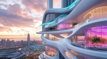 Travel exploration accommodation. A futuristic architectural design showcasing flowing lines, vibrant colors, and stunning views during sunset.