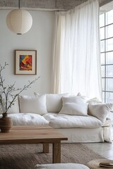 Fototapeta premium Minimalist, living room with a combination of japandi and Scandinavian interiors. Generative AI 