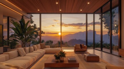 Obraz premium Modern Living Room with Breathtaking Sunset View
