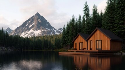 Travel exploration accommodation. A serene lakeside cabin surrounded by dense forest and majestic mountains, perfect for a peaceful retreat into nature.