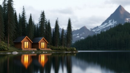 Fototapeta premium Travel exploration accommodation. A serene lakeside scene featuring cozy cabins surrounded by tall trees and majestic mountains, reflecting beautifully in the calm water.