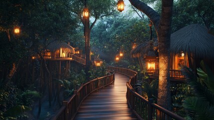 Travel exploration accommodation. A serene wooden pathway illuminated by lanterns, winding through a lush forest with treehouses nestled among the trees.