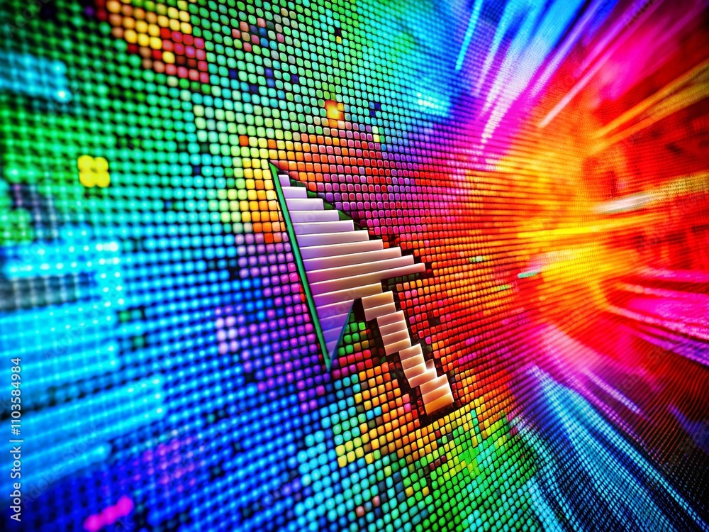 Poster engaging mouse cursor symbol on a vibrant digital background representing navigation and interaction