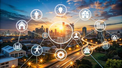 Engaging Community Development Icons Collection Illustrating Planning, Infrastructure, Social Growth, and Services in Low Light Photography for Enhanced Visual Appeal