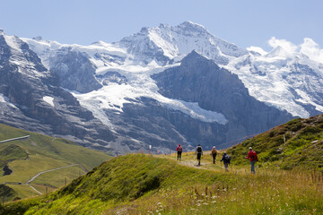 A group of hikers walks. Switzerland nature scenery.